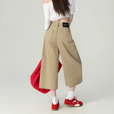 美式七分阔腿牛仔裤女夏季薄款2025新款高腰宽松显瘦垂感八分中裤