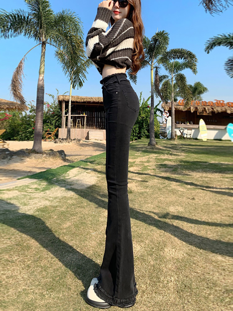 高腰毛边微喇牛仔裤女2025新款春秋季弹力直筒修身显瘦显高马蹄裤