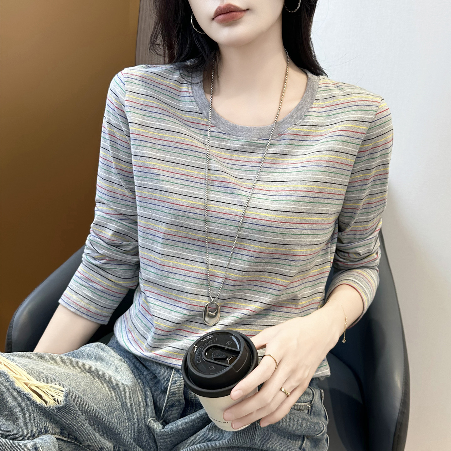 纯棉条纹长袖T恤女2026新款秋季正肩宽松打底衫内搭撞色减龄上衣