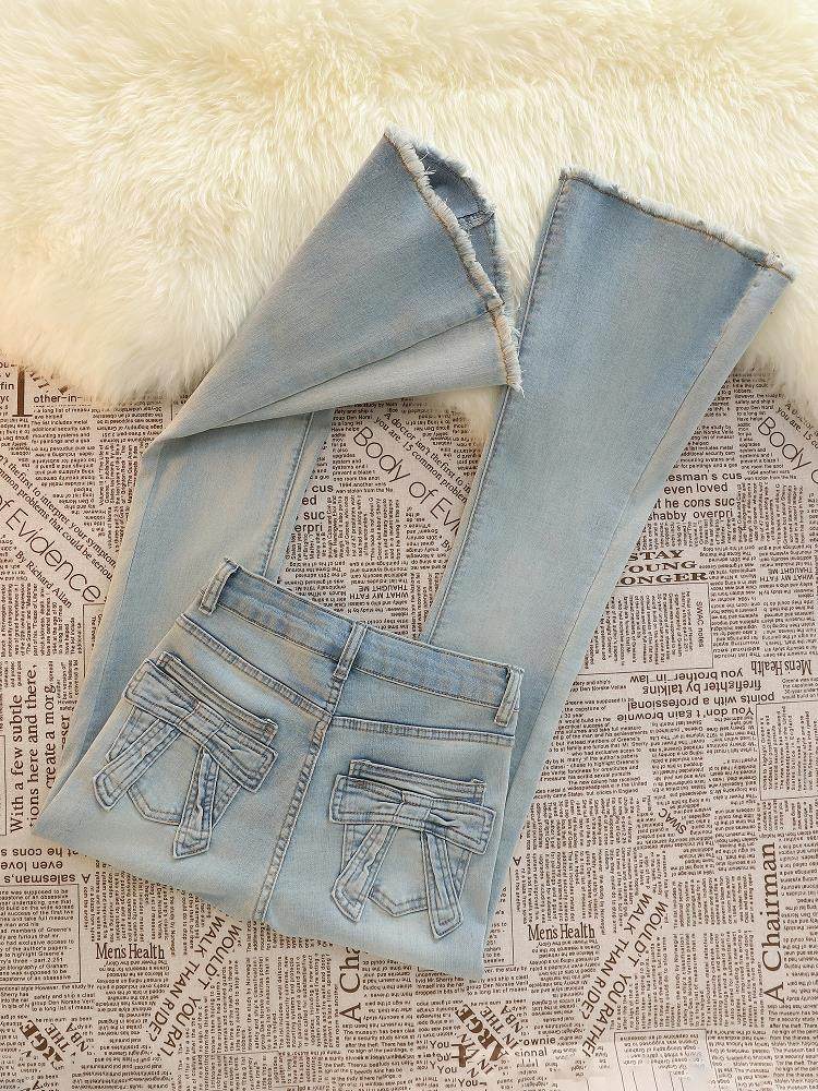 蝴蝶结微喇牛仔裤女夏季薄款2025年新款高腰显瘦修身弹力喇叭裤子,女装/女士精品,大码裤装,淘宝优惠券,粉丝福利购,淘宝优惠卷