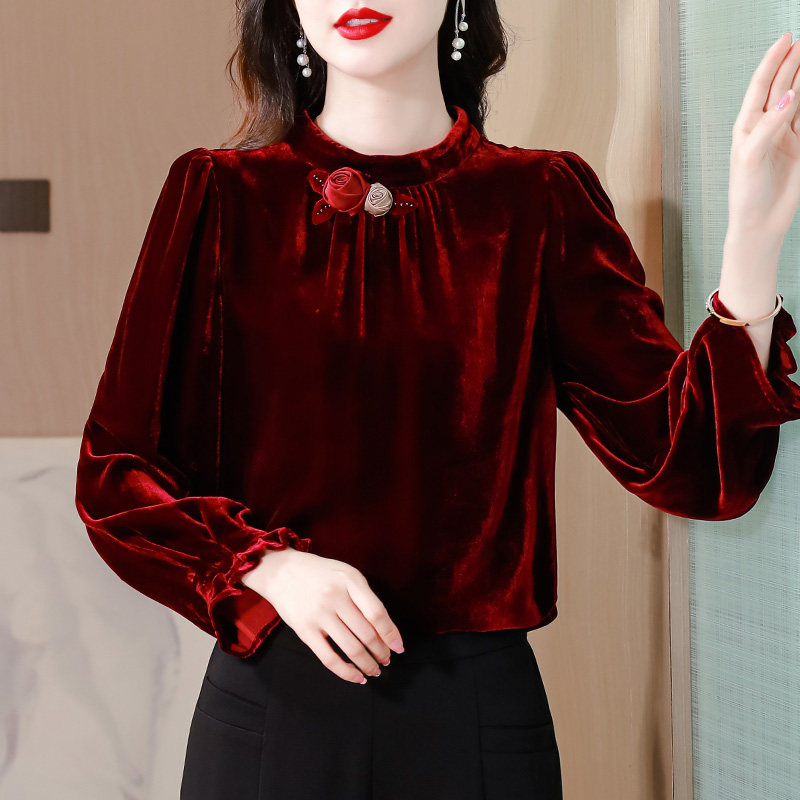 设计感金丝绒长袖T恤女士2026新款春季中年妈妈洋气宽松遮肚上衣
