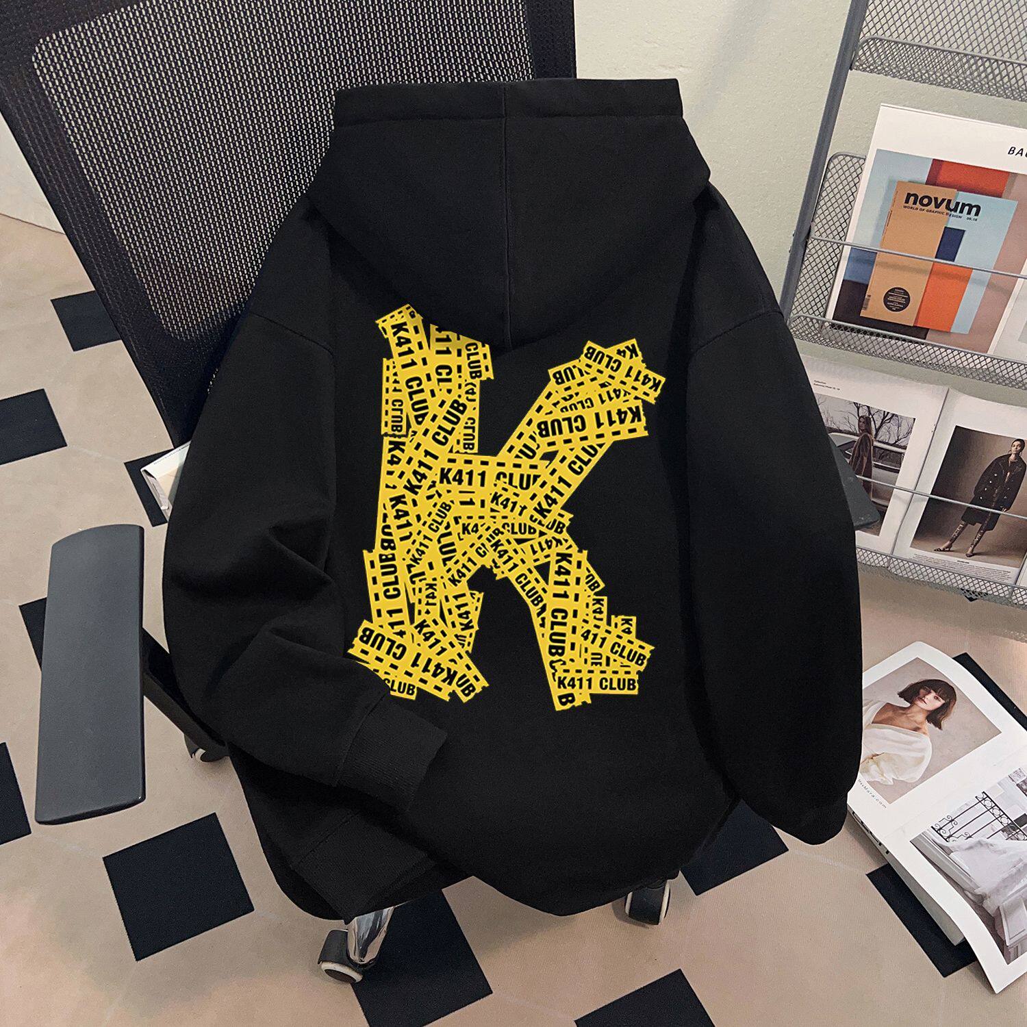 潮流黄K英文数字印花长袖新款加绒连帽卫衣男女秋冬休闲宽松外套