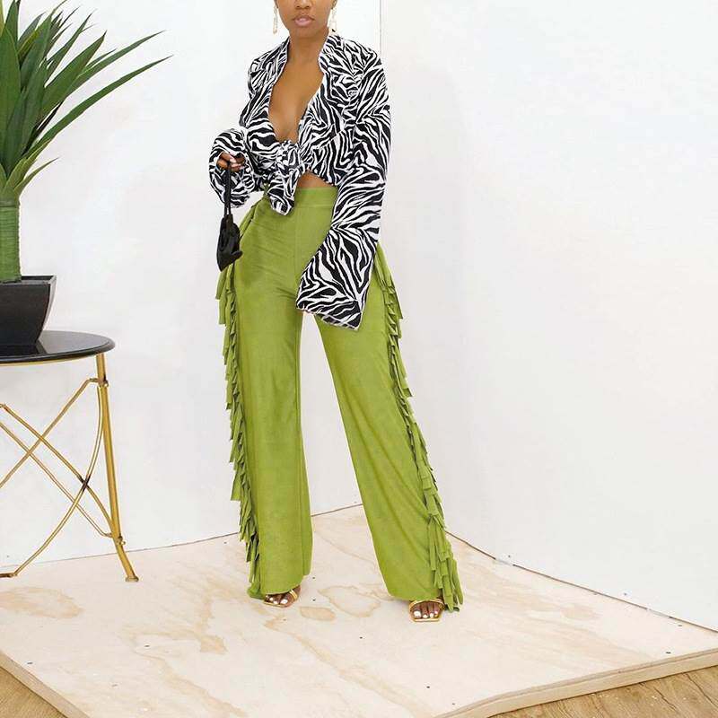 loose casual high waist long pants时尚流苏纯色高腰宽松休闲裤