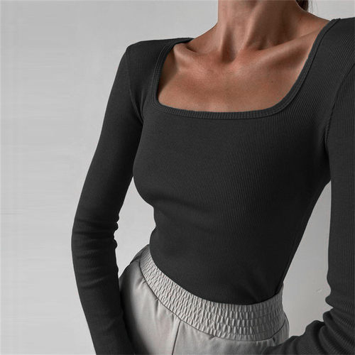 women's square neck pit strip ribbed bottoming t-shirt