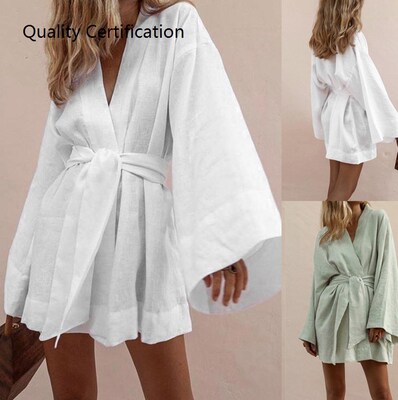 Solid color loose cotton and linen mid-length shirt skirt