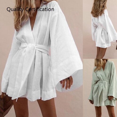 Solid color loose cotton and linen mid-length shirt skirt