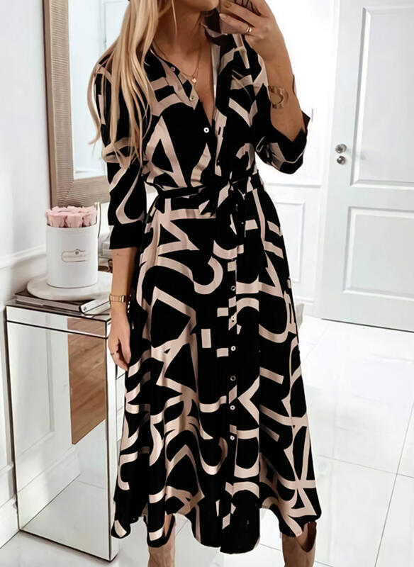 印花衬衫连衣裙长款2023autumn winter women long shirt dresses
