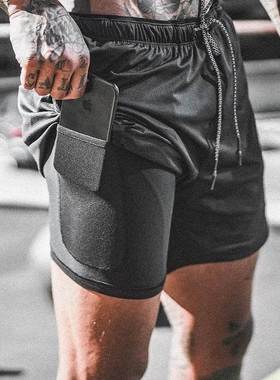 Men's Running Shorts Sports Jogging Gym pants 黑色双层短