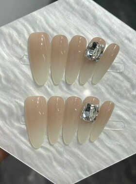 手工穿戴甲冰透裸色k9爆闪钻球成品美甲贴片自然显白中长款婚甲