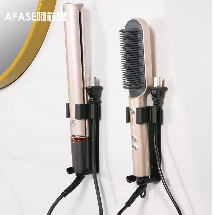 2025新款免打孔浴室直发器收纳架太空铝黑色壁挂卷发棒支架套装