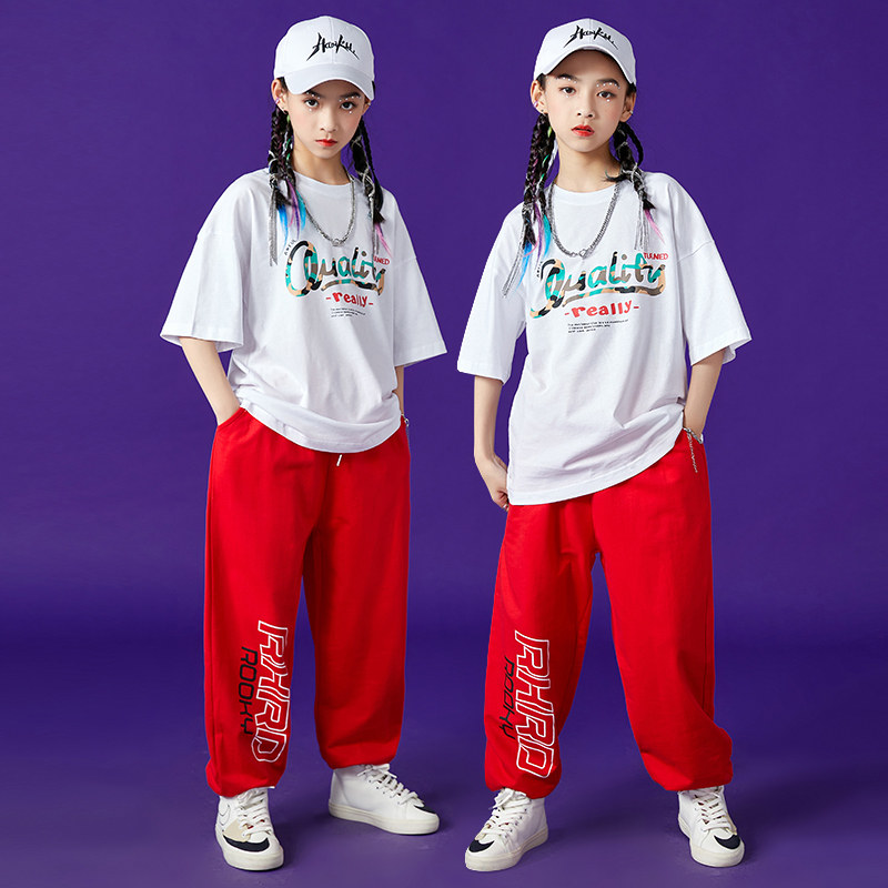 少儿街舞服装嘻哈童装潮牌hiphop套装男童宽松短袖爵士舞服装女童