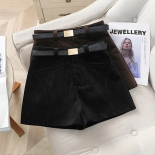 休闲百搭高腰阔腿裤 轻奢风毛呢短裤 辣妹靴裤 冬时尚 外穿女2025新款