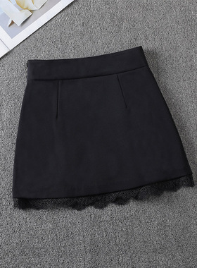黑色西装半身裙女秋季2025新款高腰小个子蕾丝拼接a字包臀短裙子