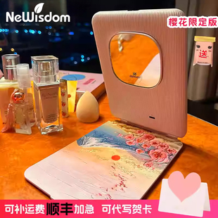 叶子蓝油画风便携化妆镜LED带灯桌面化妆镜旅行折叠镜，精美礼物