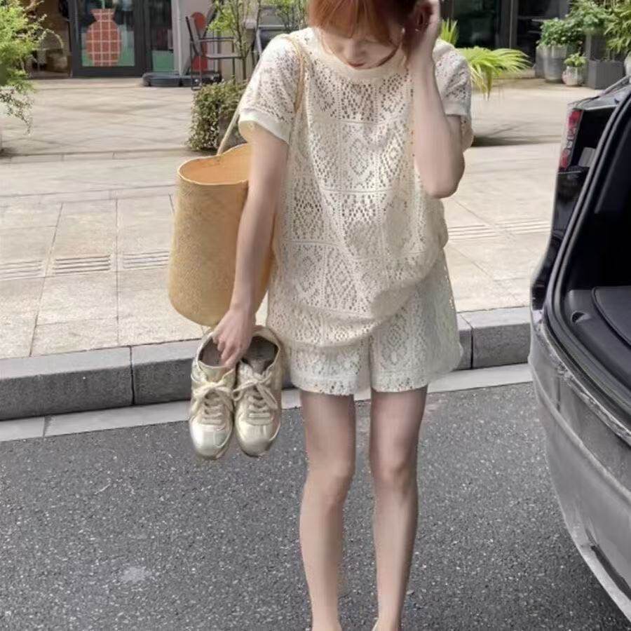 夏季特大码新品宽松法式小众镂空蕾丝显瘦套装短袖上衣短裤套装韩