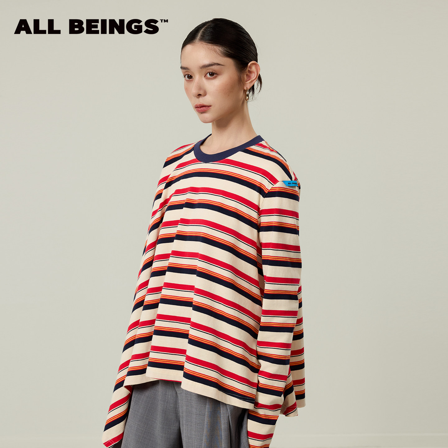ALL BEINGS26SS夏季新款宽松纯棉不对称下摆彩色条纹长袖罩衫T恤