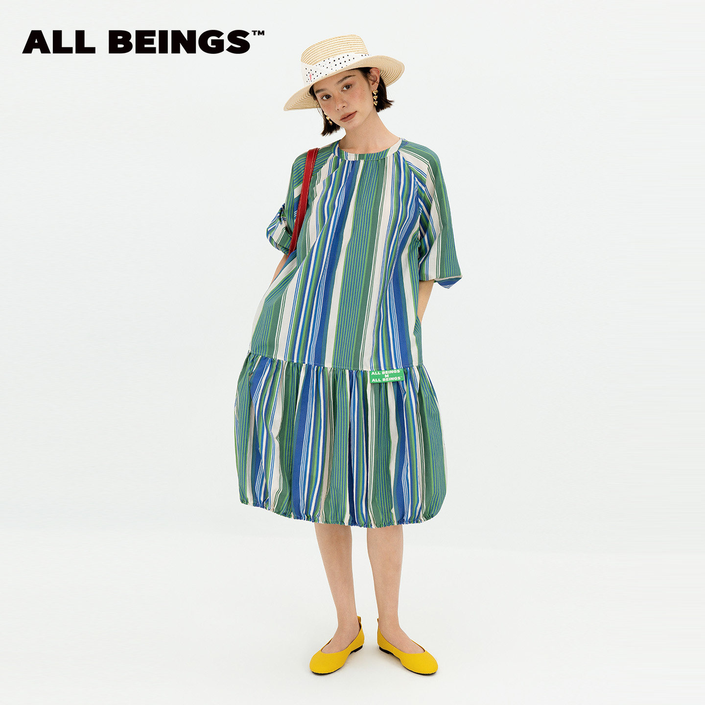 ALL BEINGS[度假风] 26SS夏季新款清新绿条纹抽褶花苞中袖连衣裙