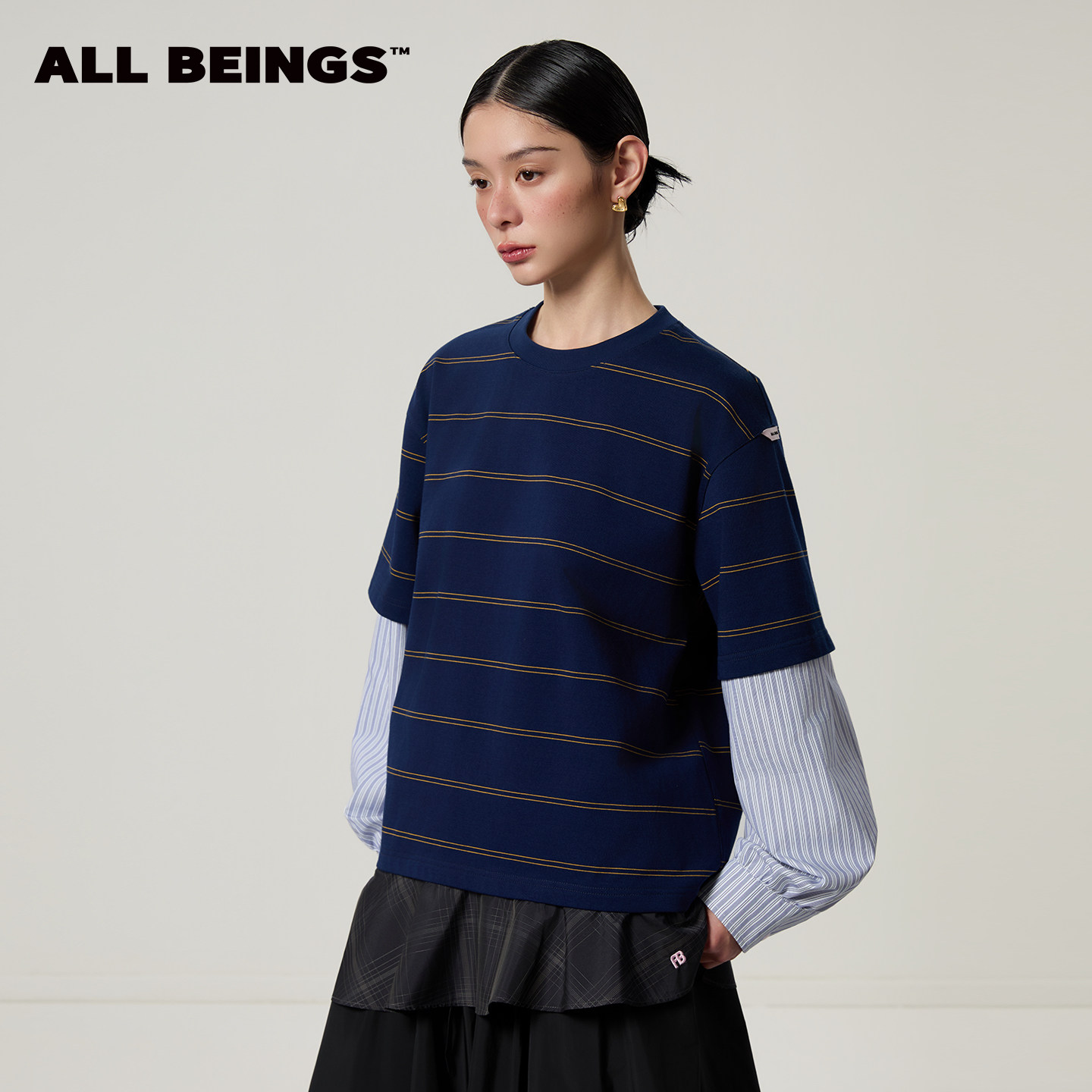 ALL BEINGS2026SS春季新品设计感休闲 叠穿视觉衬衣袖拼接下摆T恤