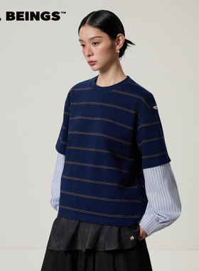 ALL BEINGS2026SS春季新品设计感休闲 叠穿视觉衬衣袖拼接下摆T恤
