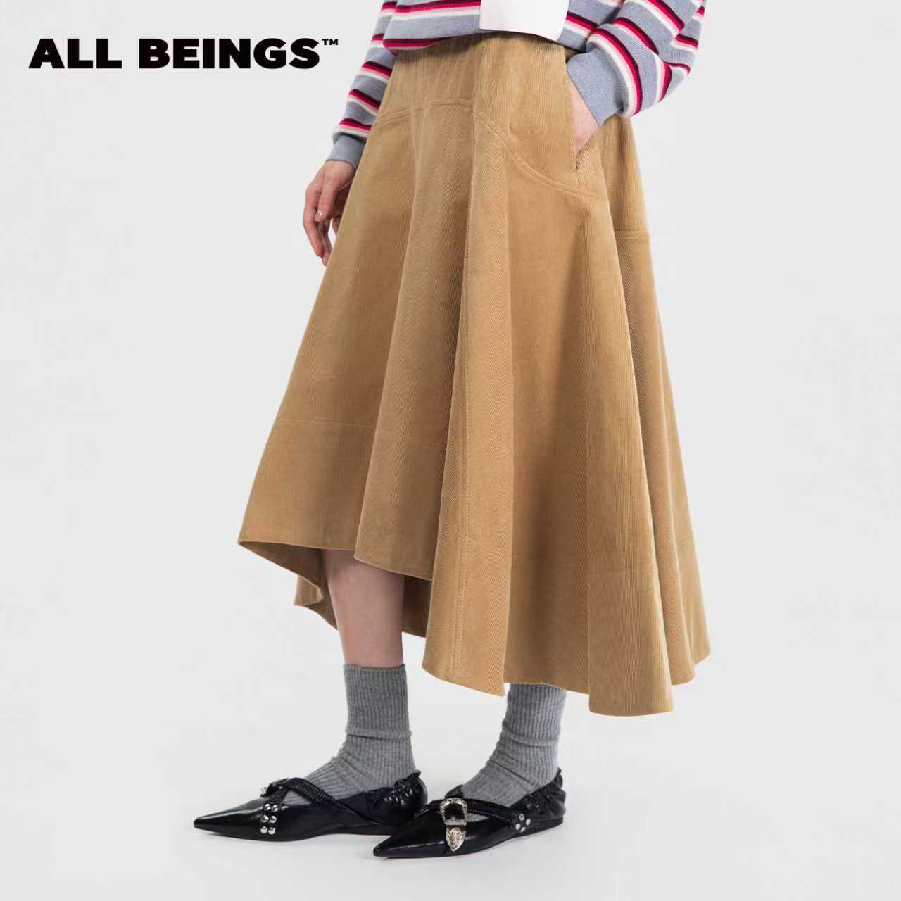 ALL BEINGS2025AW秋冬设计师新款卡其色灯芯绒宽边廓形半身长裙