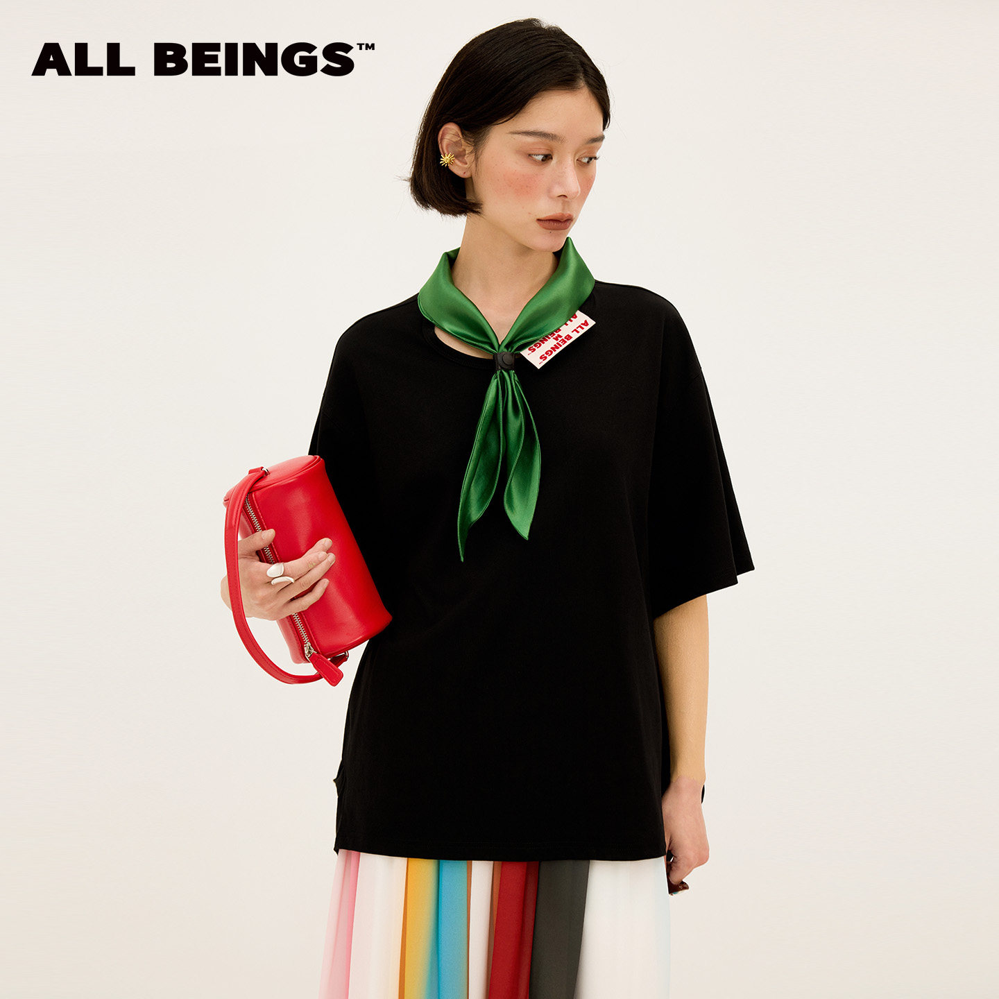 ALL BEINGS26SS夏季新款醋酸拼接一体式固定领巾宽松圆领短袖T恤
