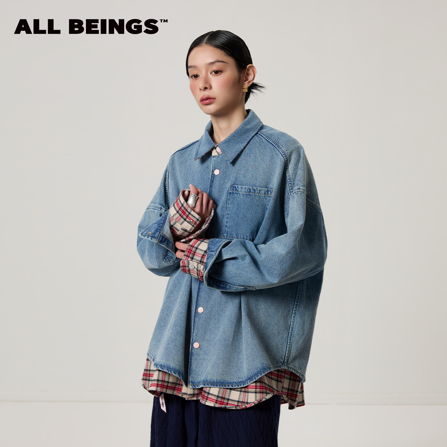 【双面两穿】ALL BEINGS26SS春季新款翻领洗水牛仔格纹衬衫外套女
