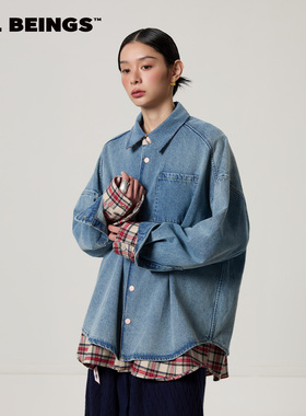 ALL BEINGS26SS春季新款双面穿设计翻领洗水牛仔格纹衬衫外套女