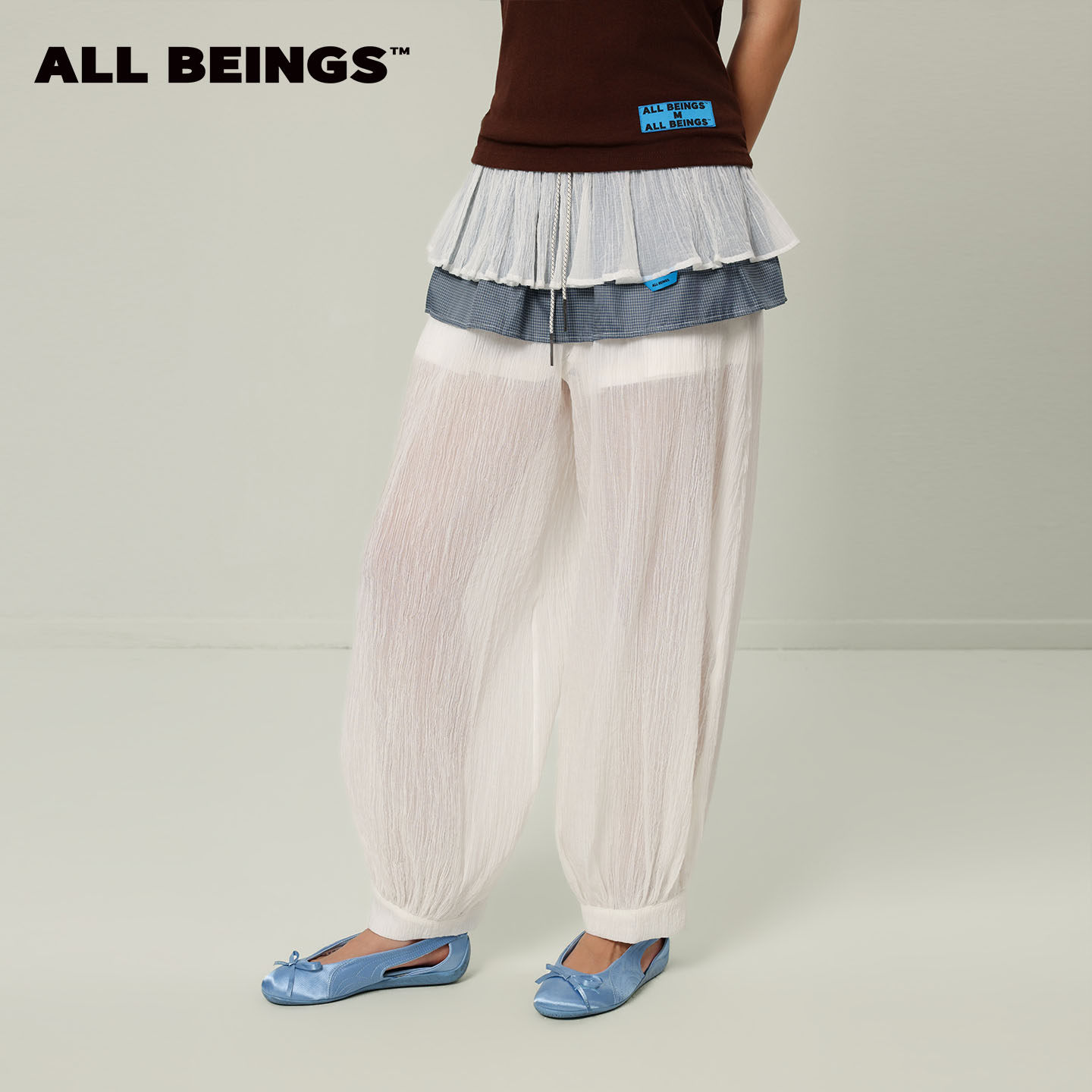 ALL BEINGS[层次感穿搭]26SS夏季新款空气感白色网纱双层束脚长裤