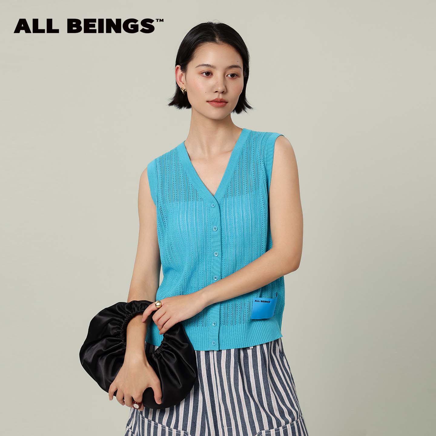 ALL BEINGS 26SS夏季新款蓝色镂空绞花轻薄针织无袖背心上衣马甲