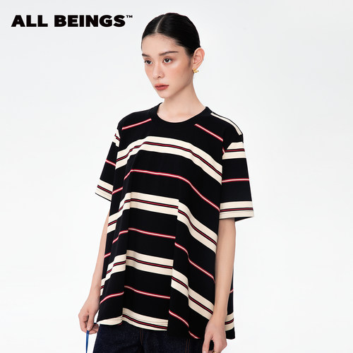 ALL BEINGS25AW早秋新品红黑条纹A摆圆领短袖纯棉透气凉感T恤女