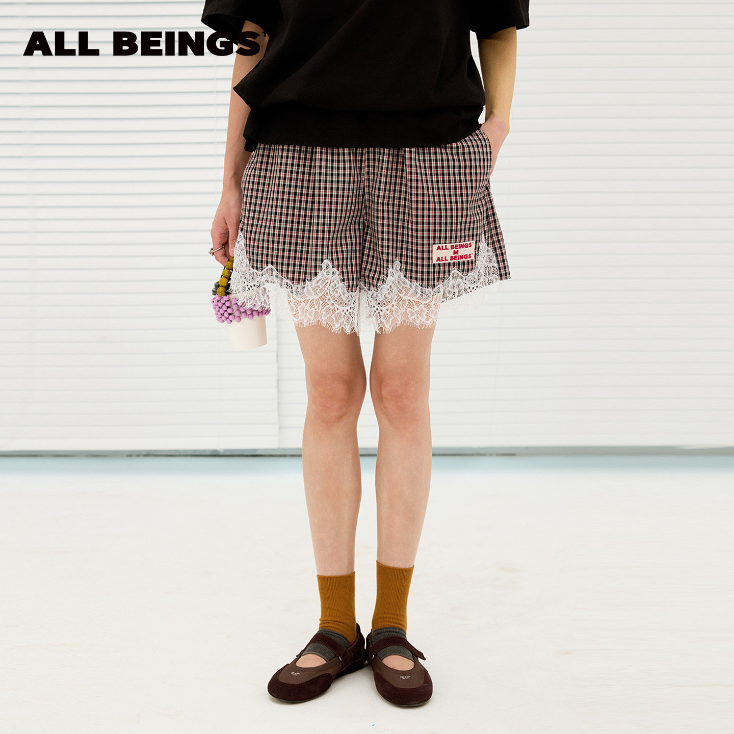 【赵昭仪同款】ALL BEINGS2026SS夏季新款蕾丝风花边撞色格纹短裤