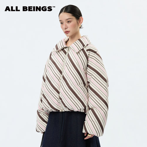 ALLBEINGS条纹短款花苞鹅绒外套