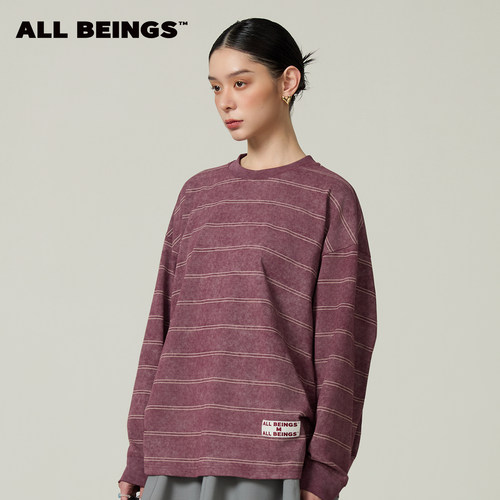 ALL BEINGS2026SS春季新品设计感休闲 蜡染洗水条纹抽褶长袖T恤