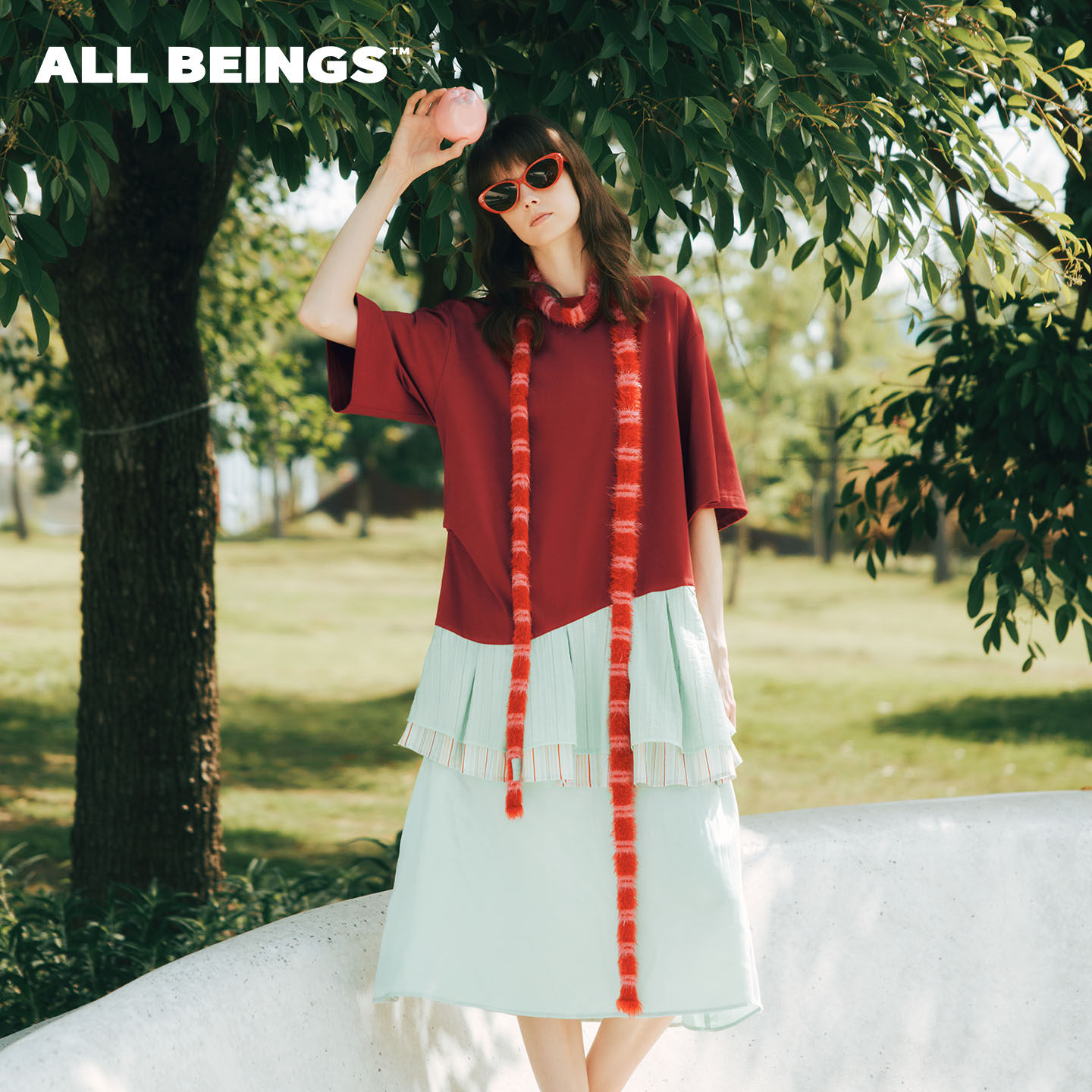 ALL BEINGS[防晒]2026SS夏季新款撞色荷叶边剪裁T恤式A摆连衣裙