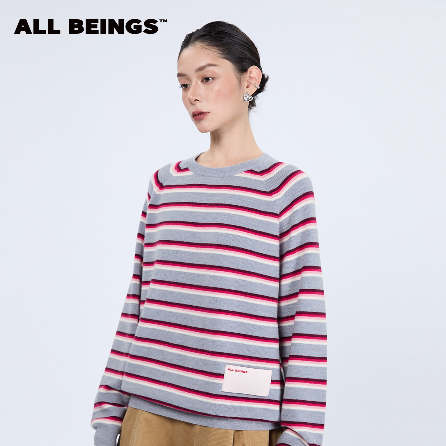 ALL BEINGS2025AW秋冬新款粉灰撞色条纹针织打底衫套头圆领毛衣女