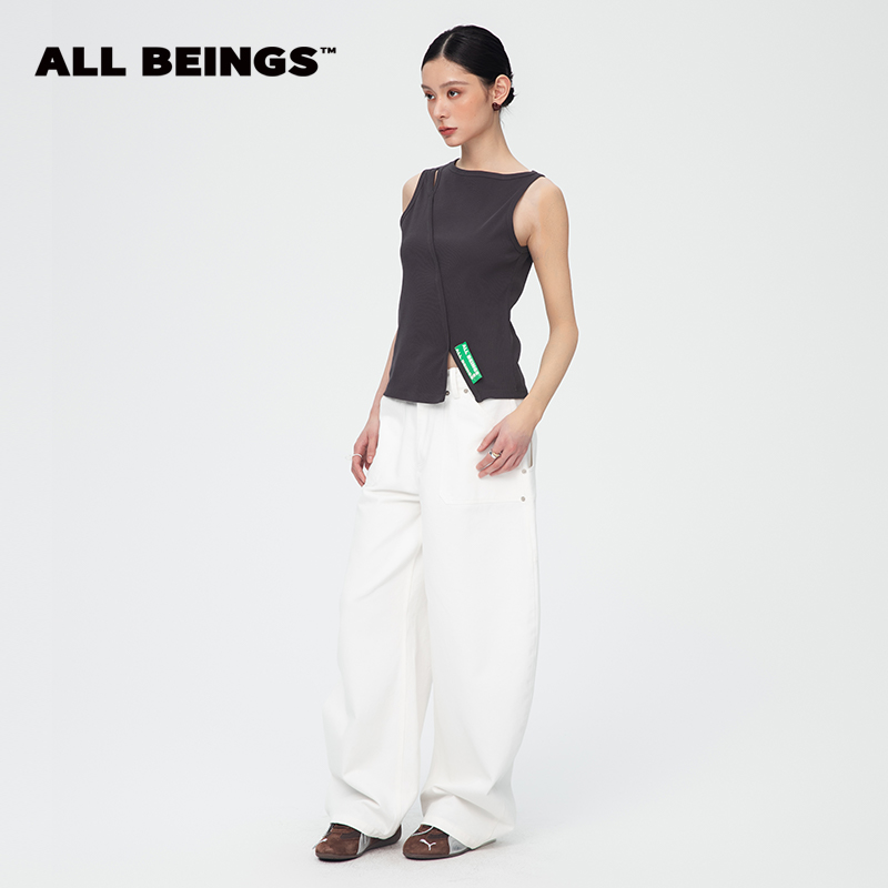 ALL BEINGS25SS春季新款不对称解构深灰色螺纹吊带纯棉背心上衣