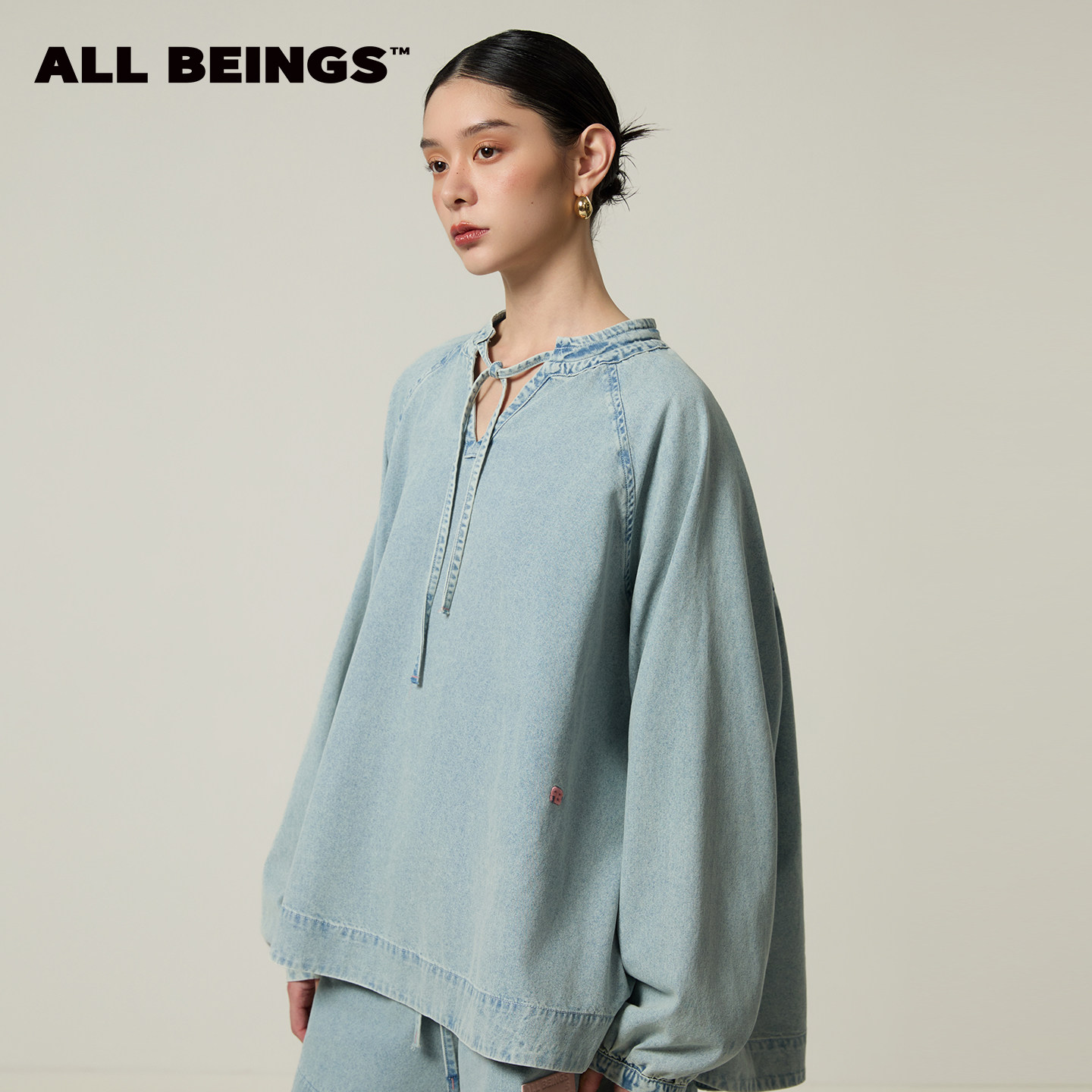 ALL BEINGS2026SS春夏新款大廓形洗水牛仔V领阔摆长袖休闲衬衣