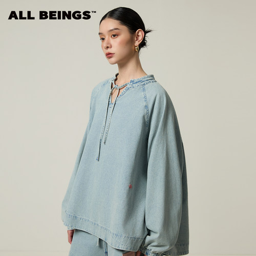 ALL BEINGS2026SS春夏新款大廓形洗水牛仔V领阔摆长袖休闲衬衣