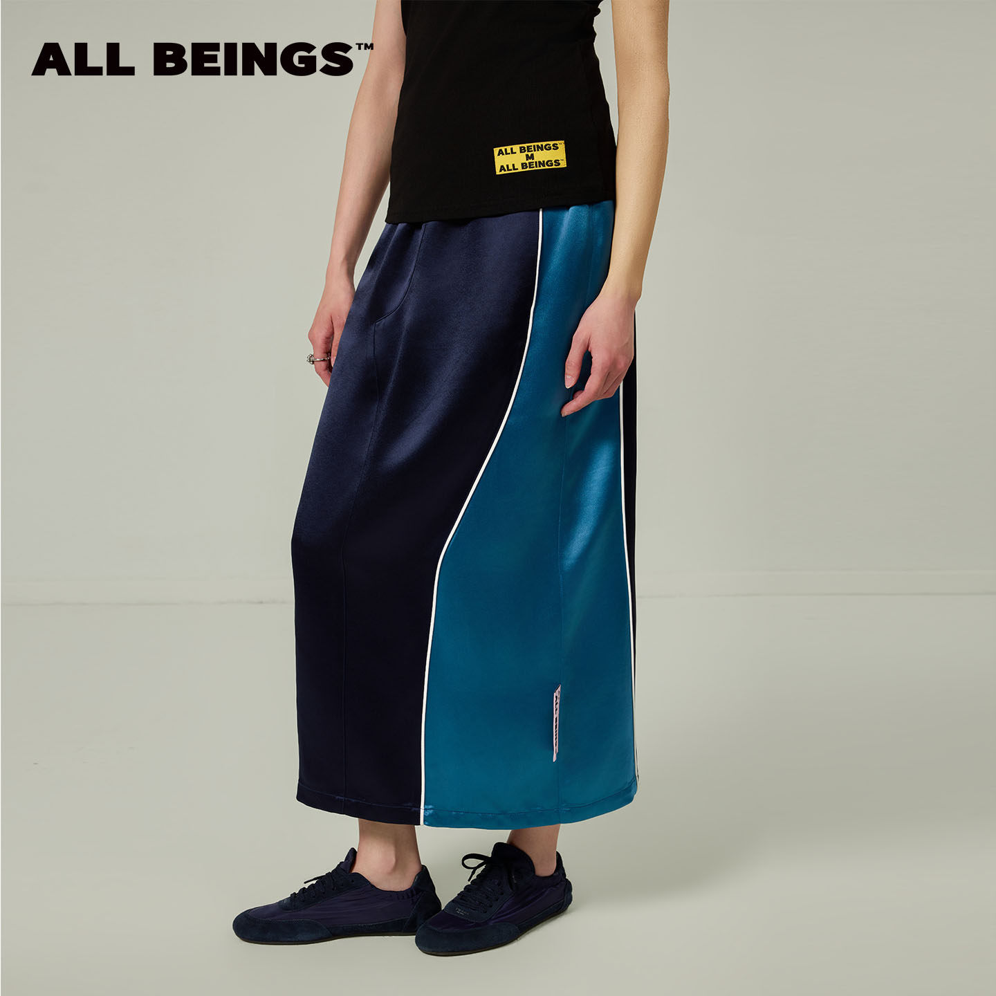 ALL BEINGS2026SS夏季新款深蓝撞色拼接运动感醋酸直筒半身长裙