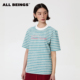 BEINGS2025SS夏季 新款 科学洗水 ALL 条纹印花正肩短袖 T恤女
