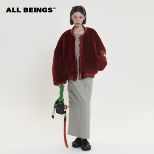 ALL BEINGS24AW仿羊羔毛暗红色羽绒飞行夹克加厚保暖复古外套女