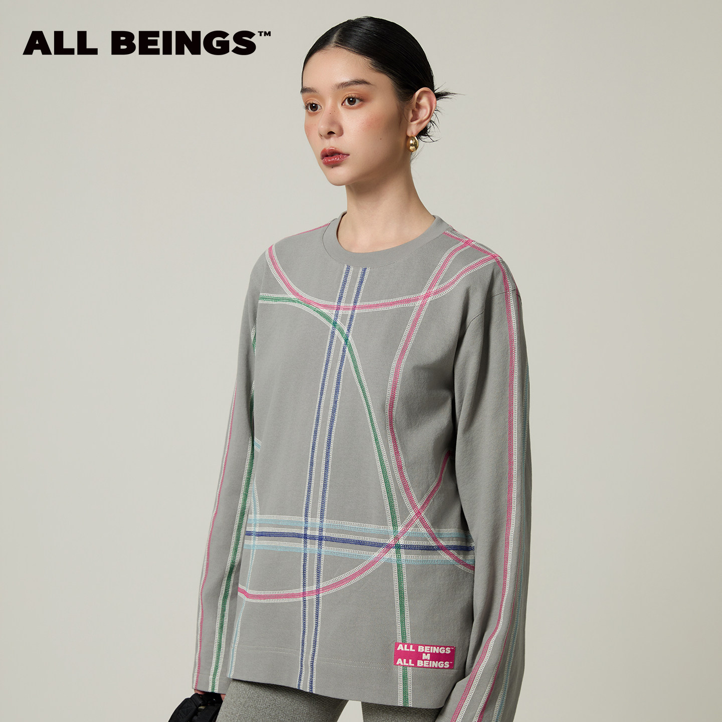 ALL BEINGS2026SS夏季新款灰色装饰哈苏线露背设计感长袖T恤女