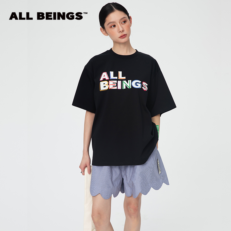 ALL BEINGS春季新款黑色字母涂鸦廓形圆领印花纯棉宽松T恤上衣