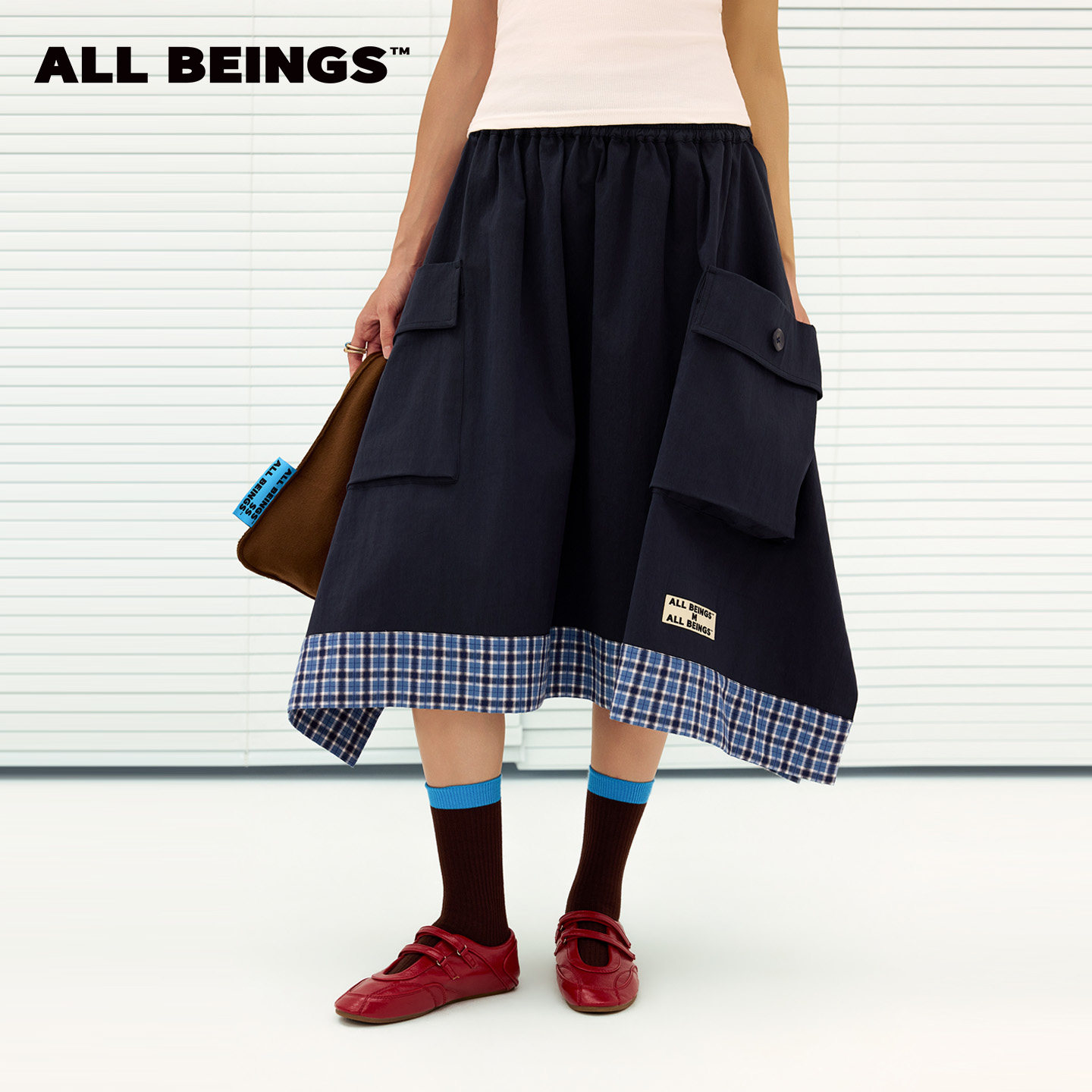 [建筑感穿搭]ALL BEINGS 26AW秋季新款藏青格纹拼接工装半身长裙