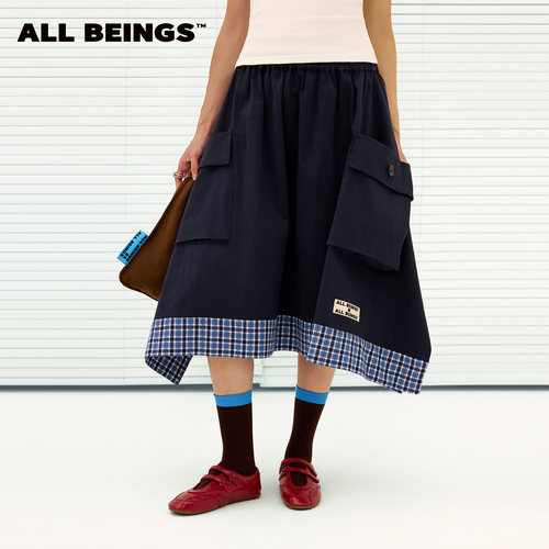 ALLBEINGS藏青格纹工装半裙
