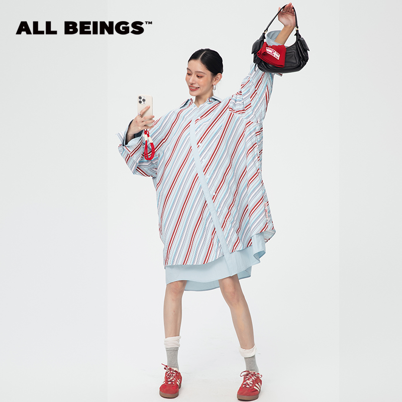 【蒋依依同款】ALL BEINGS蓝色彩条大廓形条纹叠拼衬衫显瘦连衣裙