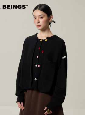 ALL BEINGS26SS新款绵羊毛混纺撞色假两件彩扣花苞针织套头衫女