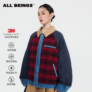 ALL 红黑撞色格纹牛仔拼接3m新雪丽夹棉外套女 BEINGS2025秋冬新品