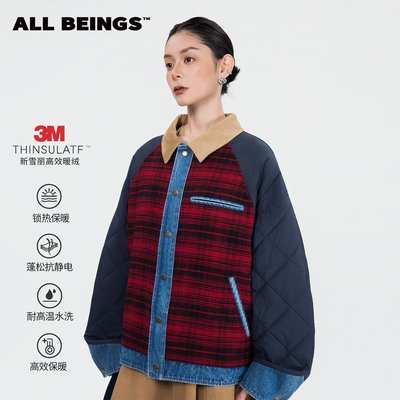 ALL BEINGS2025秋冬新品红黑撞色格纹牛仔拼接3m新雪丽夹棉外套女
