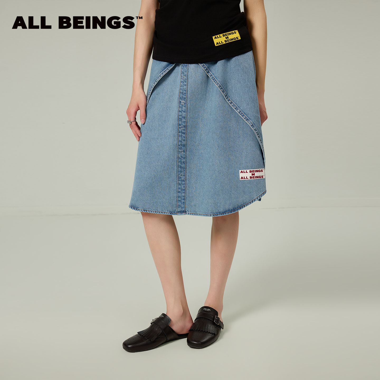 ALL BEINGS2026SS夏季新款轻薄牛仔衬衫A摆廓形解构半身长裙